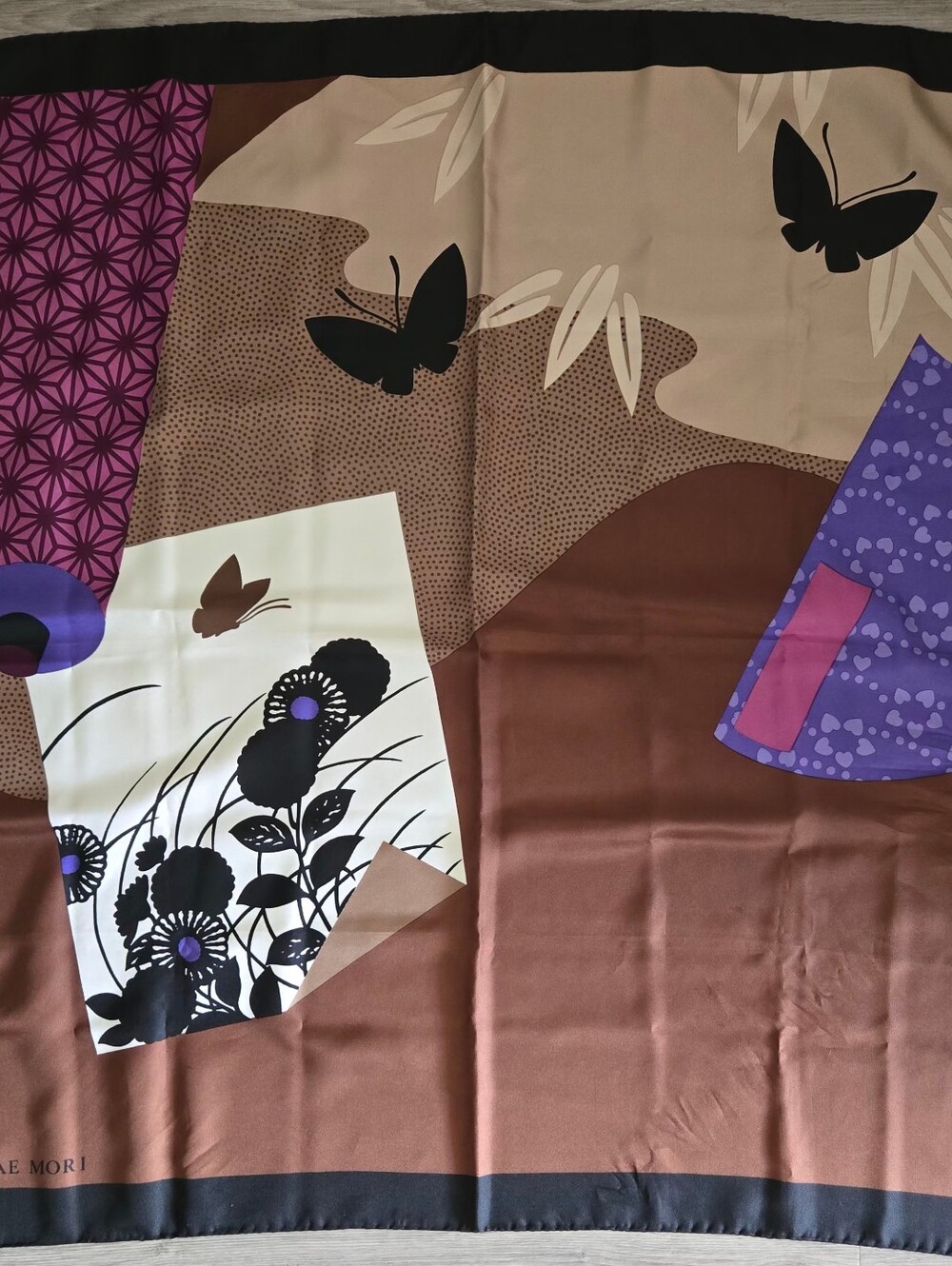 Vintage HANAE MORI 100% Silk Scarf - Brown, Purple, Black 34" ×34"